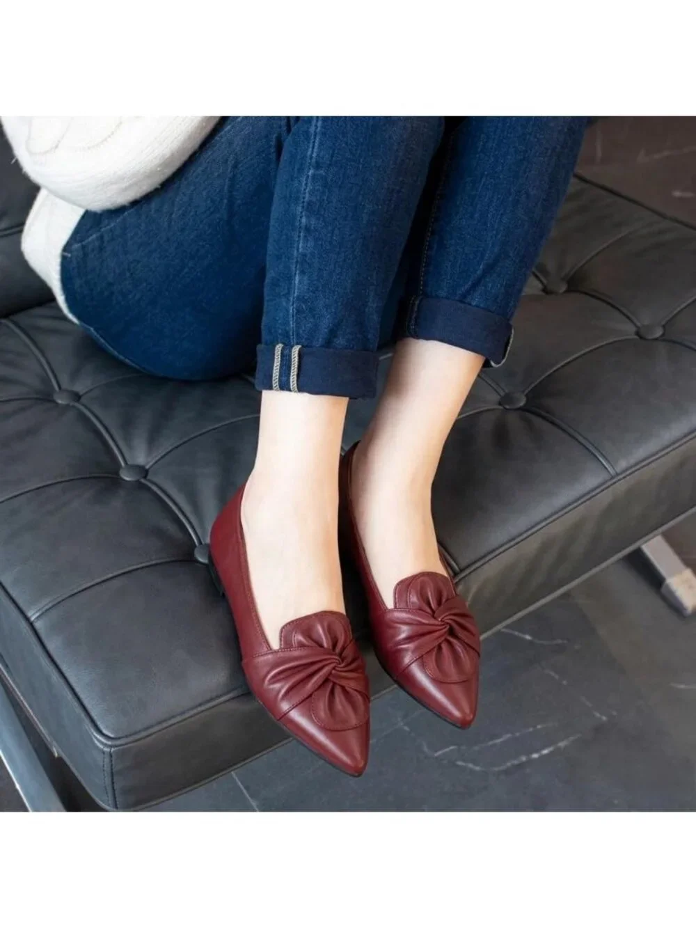 Women's Red Soft PU Leather Pointed Toe Ballet Flat Non-Slip Rubber Sole Shoes